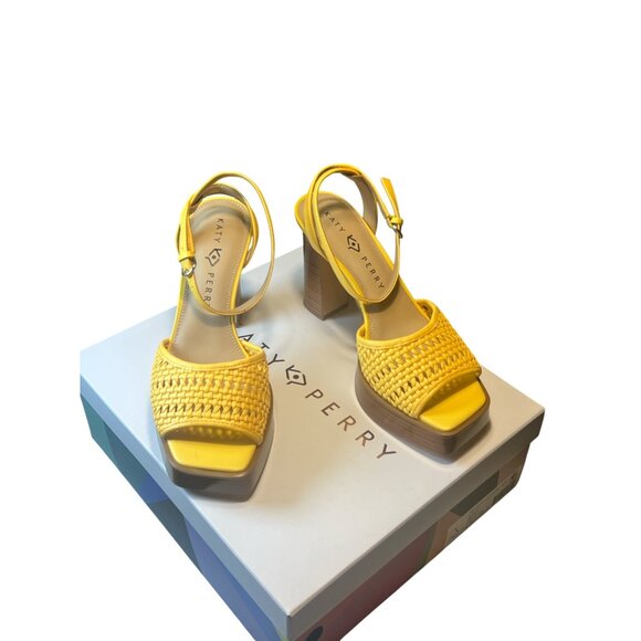 Katy Perry Womens Yellow Woven Block Heeled Sandals With Ankle Strap & Buckle Cl - Picture 5 of 6
